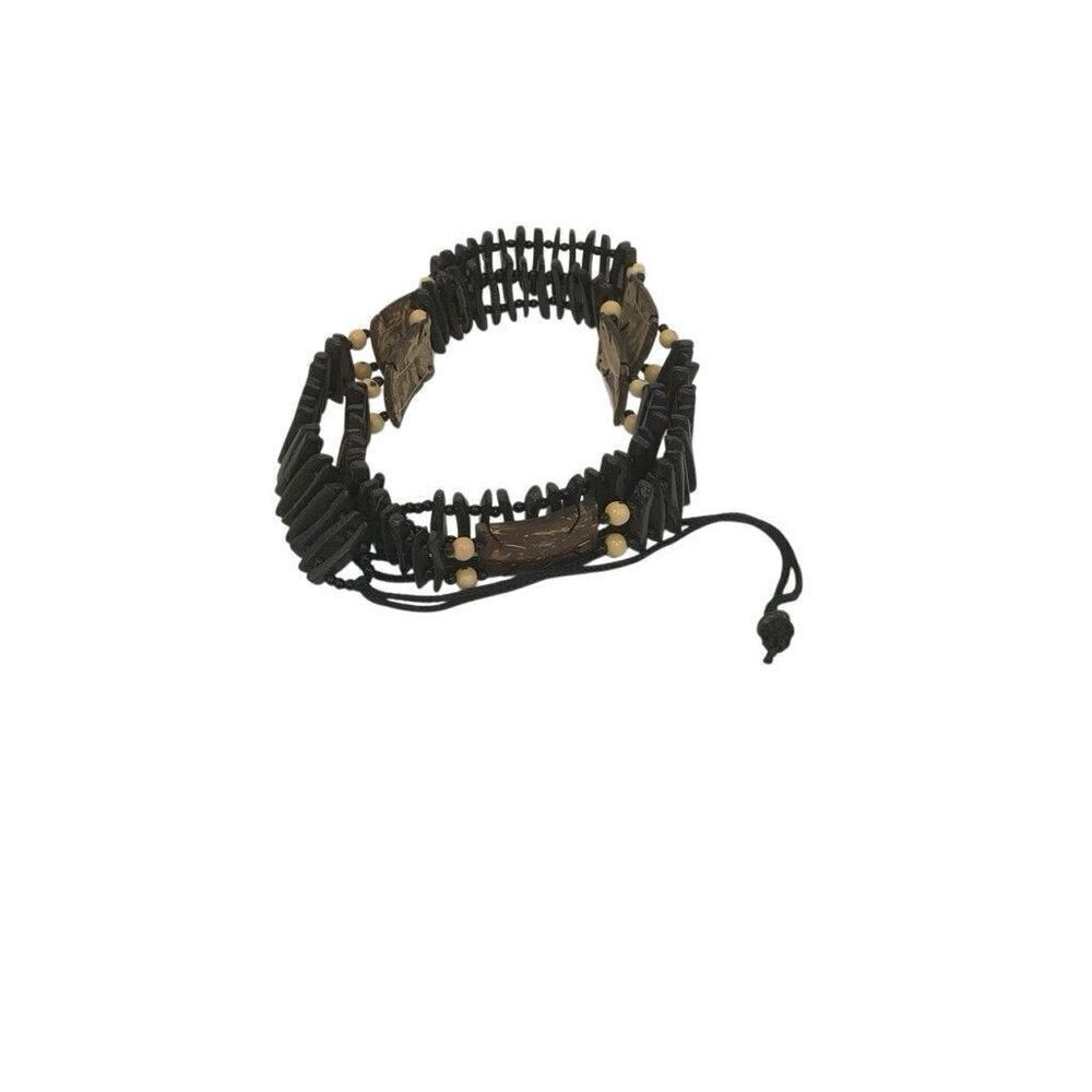 Bohemian Vintage Wooden Plank Beaded Long Self Tie Brown Hippie Belt - Picture 4 of 5